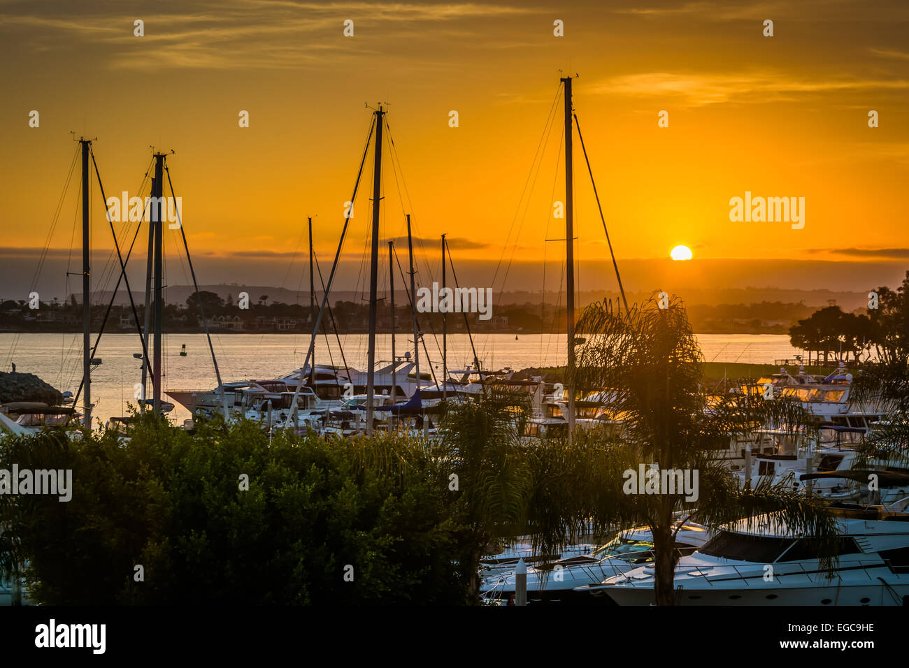 Tramonto sull'Embarcadero a San Diego, California. Foto Stock