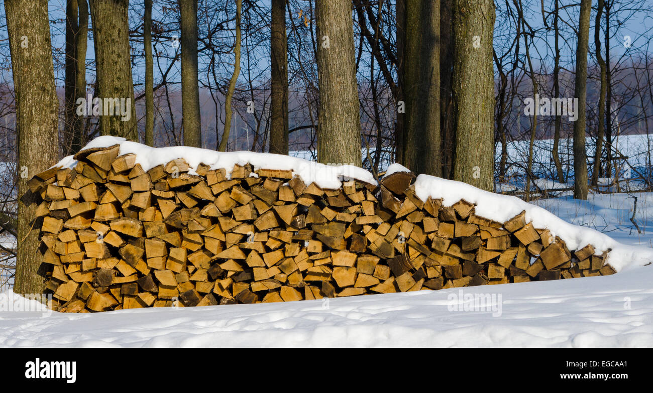 Coperte di neve pila di legno Foto Stock