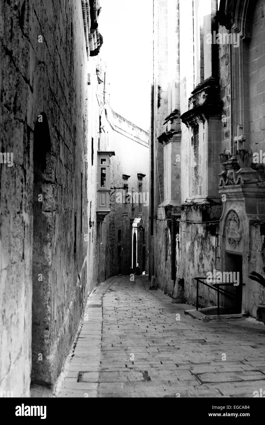 Le case e le aziende nella città silenziosa di Mdina Malta in bianco e nero Foto Stock