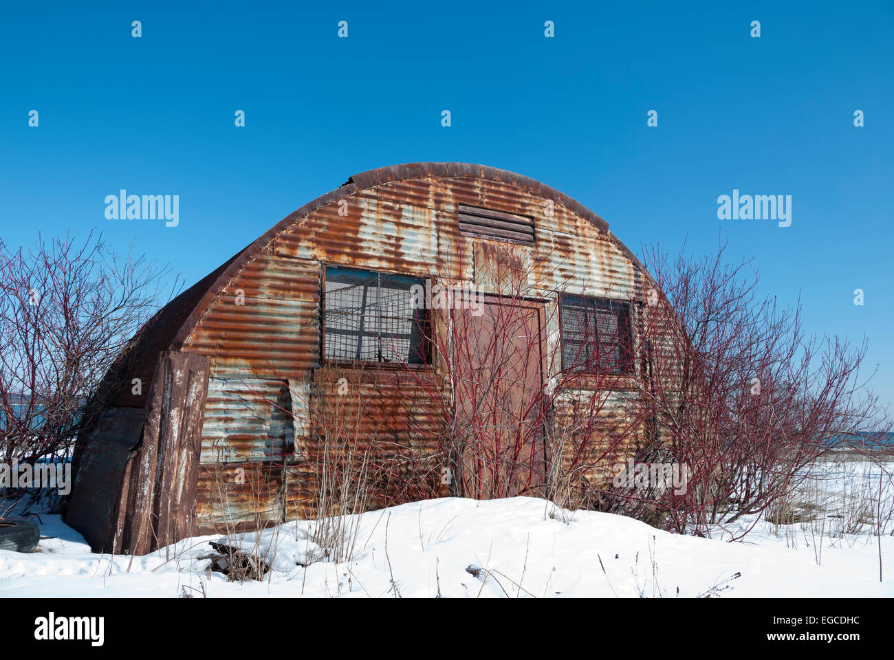 Un vecchio metallo deserte e stagno quonset hut circondato da erbacce ed arbusti sul Leslie spit in Toronto Foto Stock
