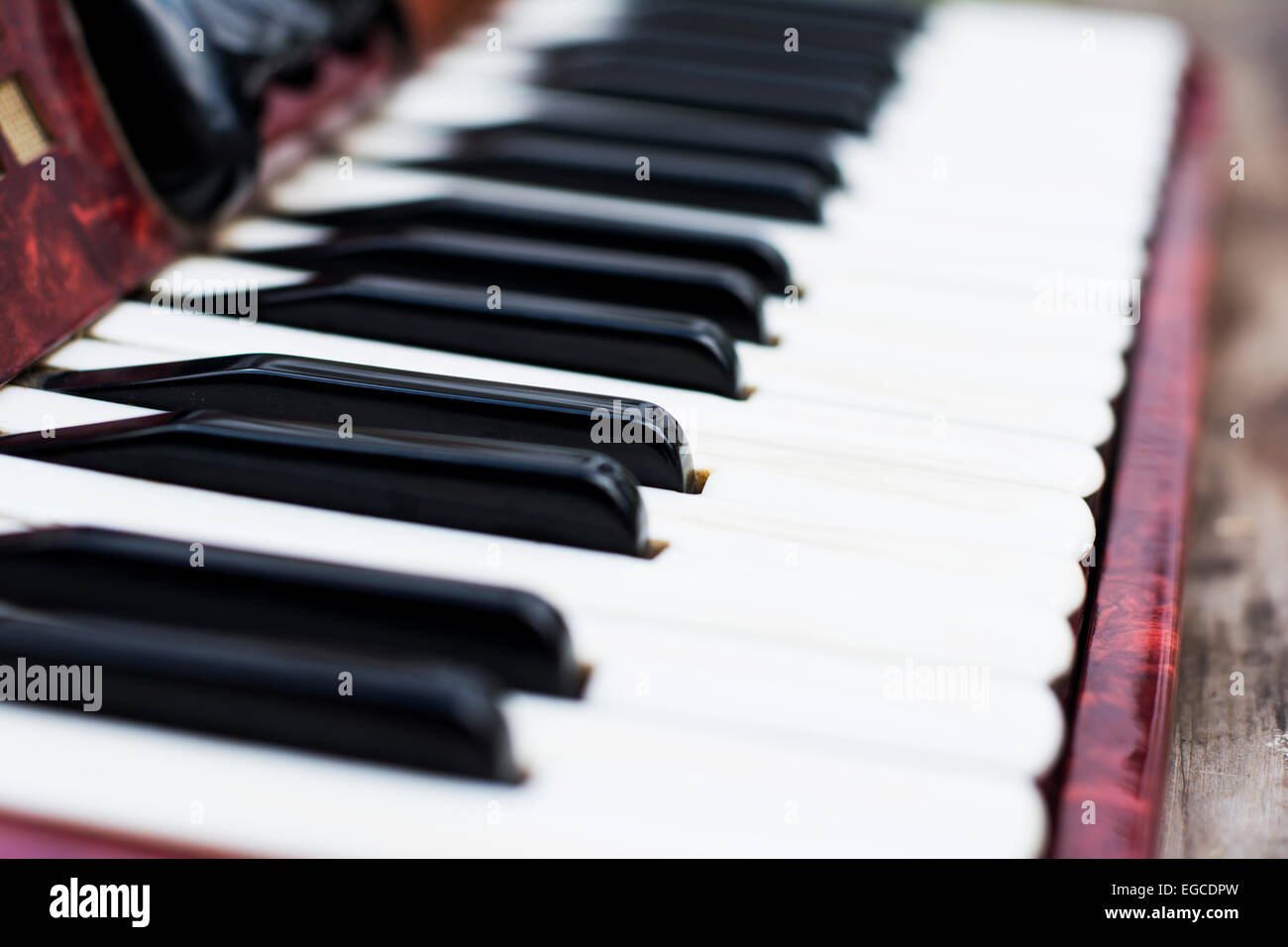 Tastiera closeup su un rosso classico di fisarmonica per bambini Foto Stock