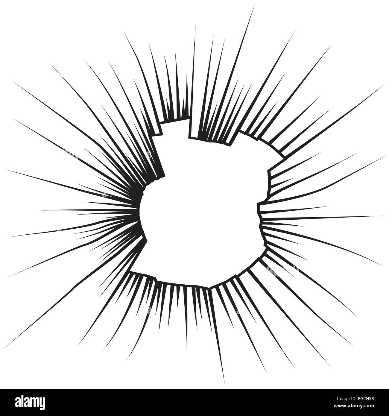 Rotture radiali su rotte di vetro bianco. Illustrazione Vettoriale Foto Stock