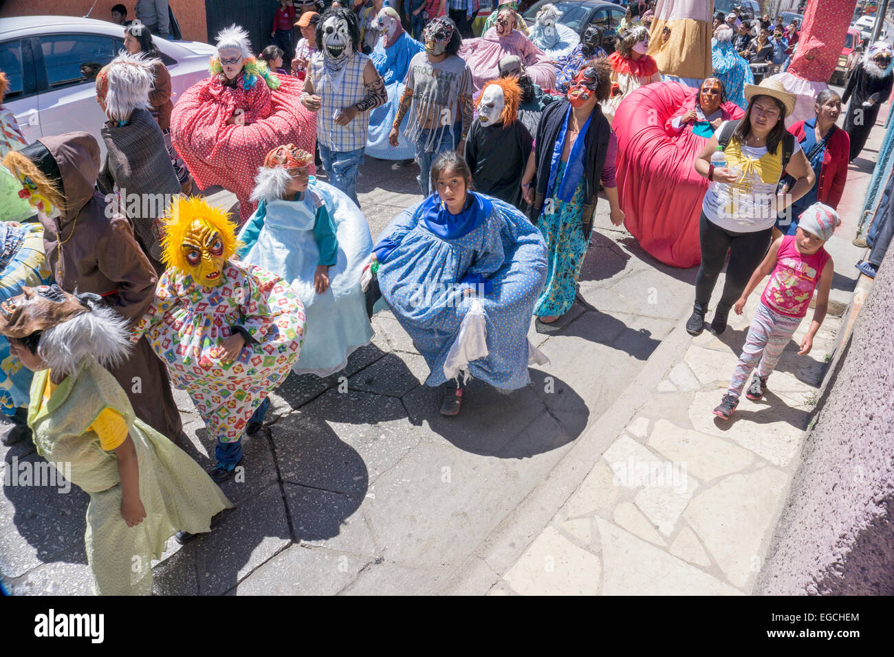 San Cristobal de las Casas, Chiapas, Messico. Il 22 febbraio, 2015. I partecipanti hanno portato da una banda di ottoni seguita da galleggiante con adolescente messicana vestita come vergine di Ocotlan & diversi altri galleggianti tra cui un giardino verde con una coccinella, il grillo & 2 piuttosto fate gettando favorisce la folla, come pure un gruppo di bambini vestiti come nani con spaventosa o maschere divertenti & 2 Gigante figure il fanalino di coda della processione parade come procedeva gioiosamente passato felici gli spettatori. Credito: Dorothy Alexander/Alamy Live News Foto Stock