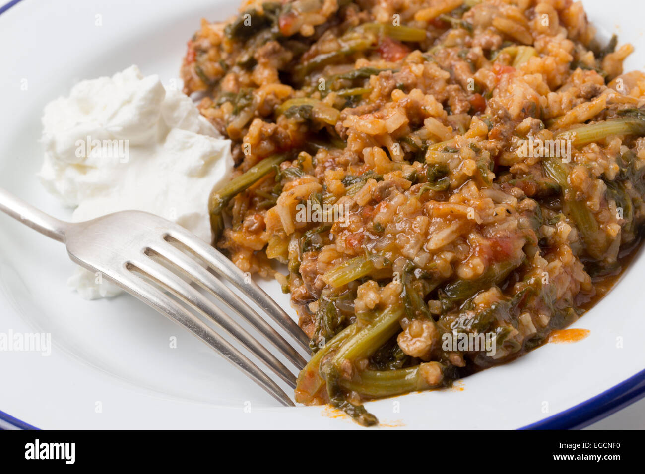 Tradizionale turca e Mediterraneo orientale home-cuocere la carne macinata e spinaci, un popolare comfort food. Foto Stock