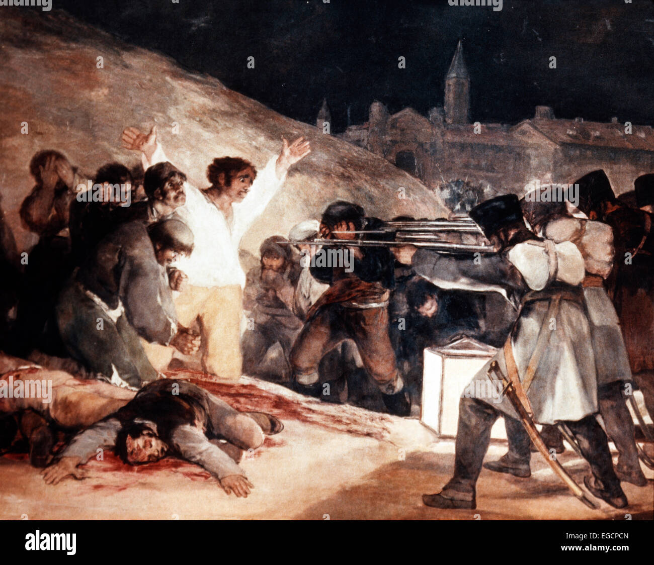 La pittura la esecuzione dei ribelli da Goya soldati francesi sparando moschetti al gruppo di uomini rivoluzionari terza di Maggio 1808 Foto Stock