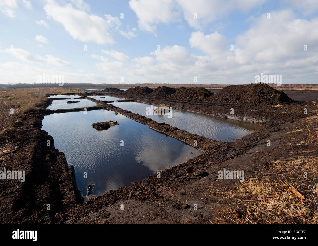La torba zona di scavo, bog, pronto per la rinaturazione, Großes Moor Riserva Naturale, Bassa Sassonia, Germania Foto Stock