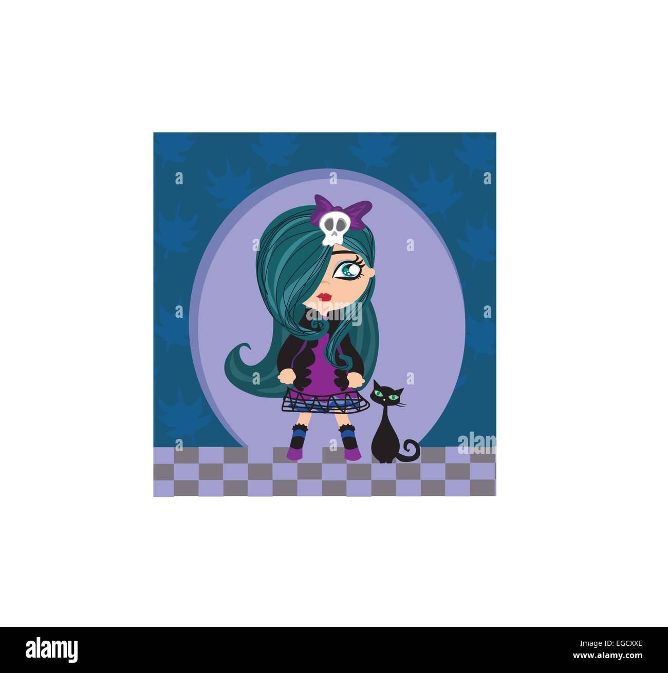 Triste emo ragazza e il suo gatto. Illustrazione Vettoriale