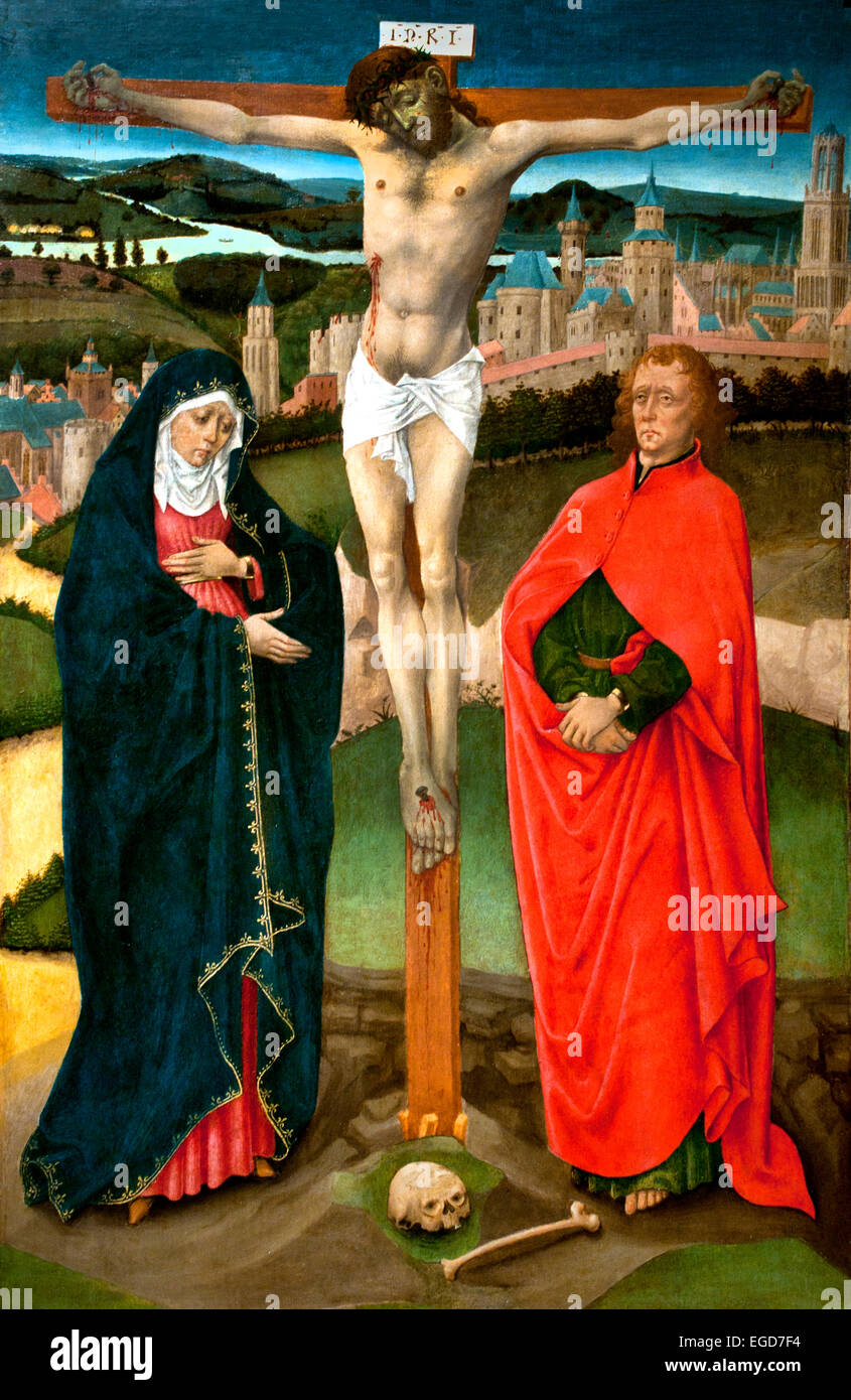 Trittico con il Crucification 1460 Utrecht Paesi Bassi olandese dettaglio del pannello centrale ( a sinistra il Papa Gregorio il Grande a destra Saint Christopher ) Medieval Medioevo Foto Stock