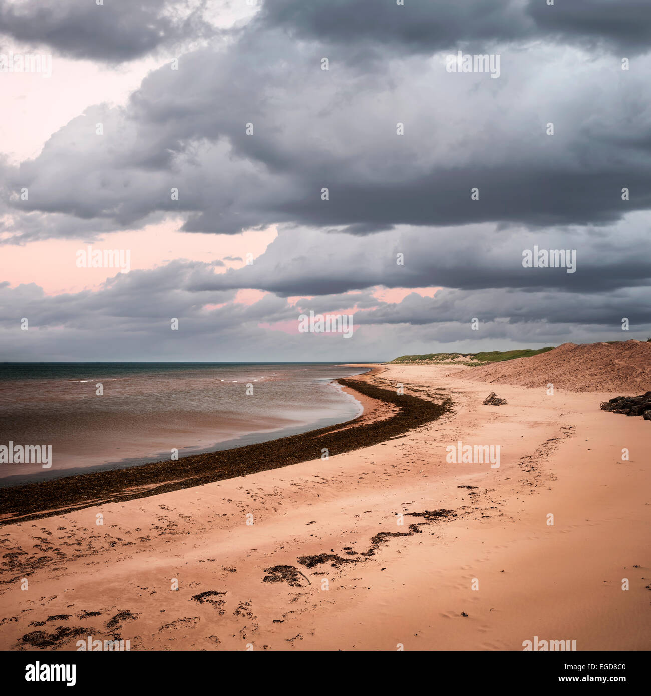 Spiaggia al tramonto in Prince Edward Island, il Canada con il cielo nuvoloso scuro, formato quadrato Foto Stock