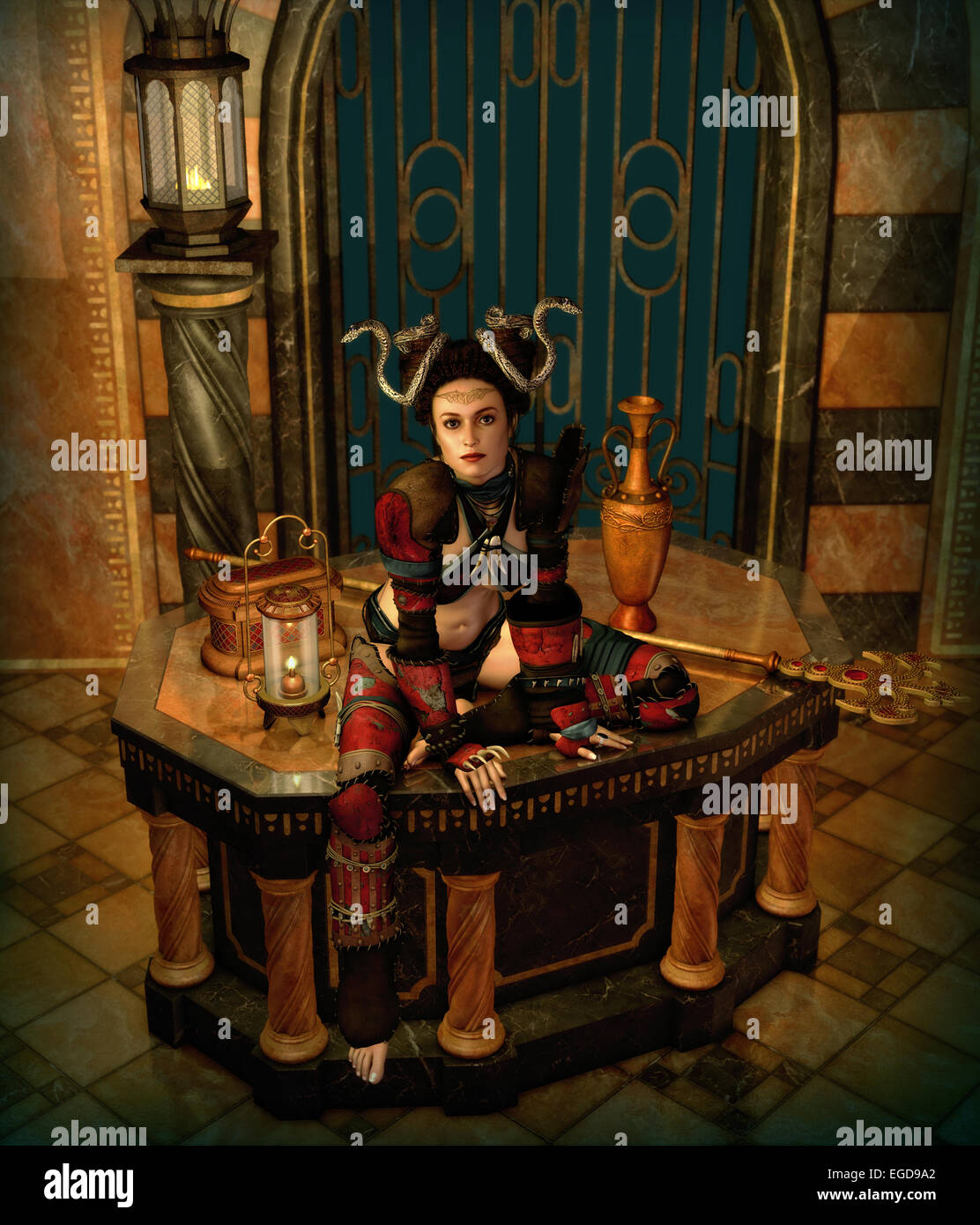 Computer grafica 3D di una scena di fantasia con una donna in incantatrice di abbigliamento Foto Stock