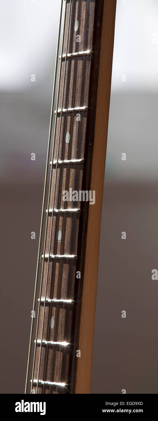 La tastiera di una chitarra elettrica che mostra le stringhe e tasti Foto Stock