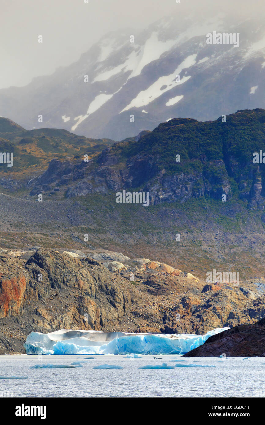 Il Cile, Patagonia, parco nazionale Torres del Paine (Sito UNESCO), il lago e grigio ghiaccio Foto Stock