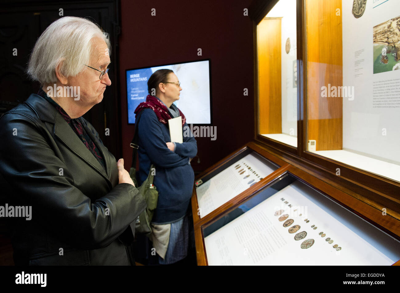 Vienna, Austria. Il 23 febbraio, 2015. La gente visita l'anteprima della moneta e potere nell antico Israele mostra presso il Museo di Storia dell'arte a Vienna, Austria, Feb 23, 2015. La mostra offre una introduzione alla storia di antiche monete ebraiche tra il IV secolo A.C. e il II secolo D.C. © Qian Yi/Xinhua/Alamy Live News Foto Stock