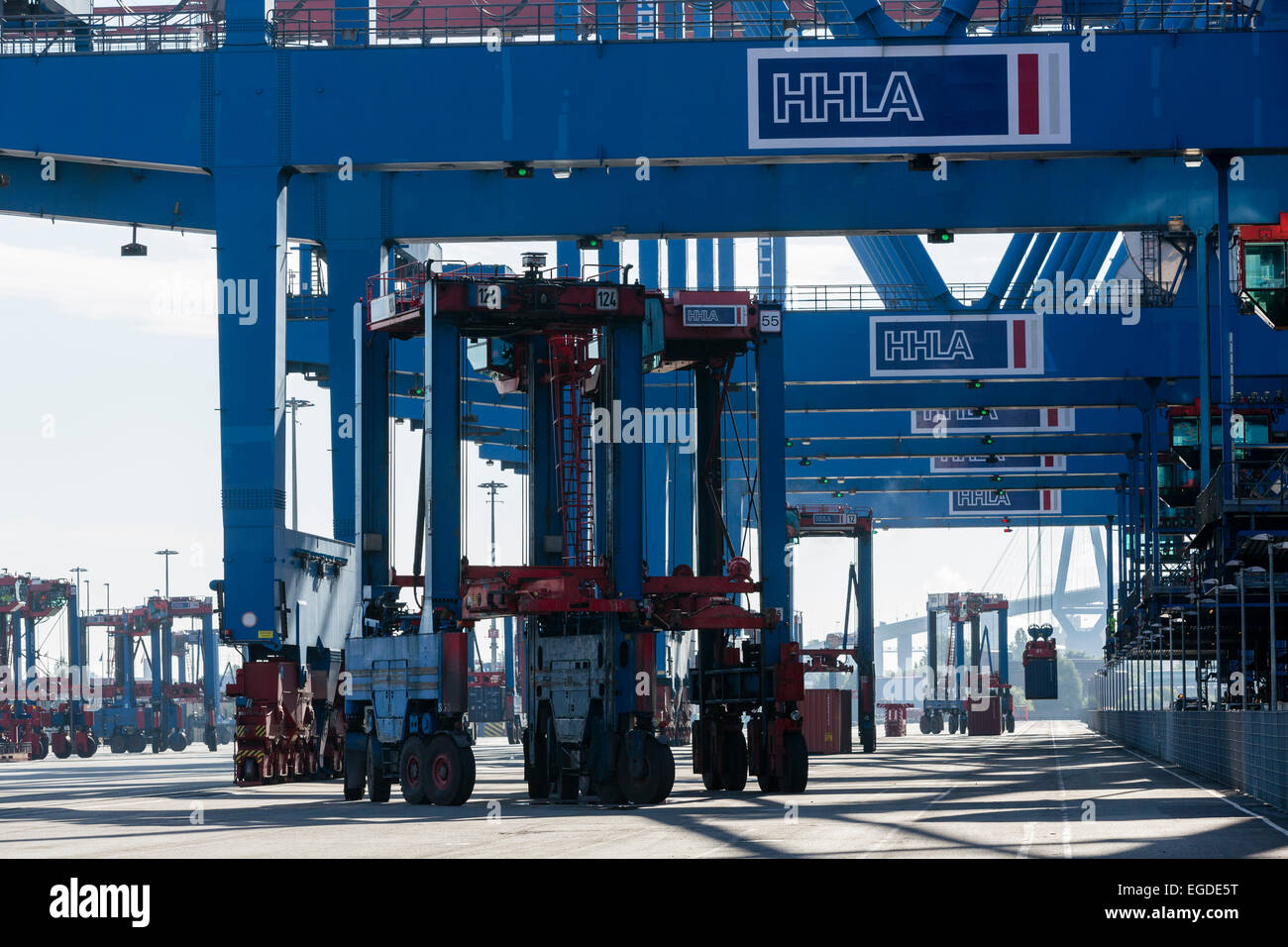 "Straddle Carrier il trasporto di contenitori nel blocco dello storage nel porto di Amburgo, Amburgo, Germania Foto Stock