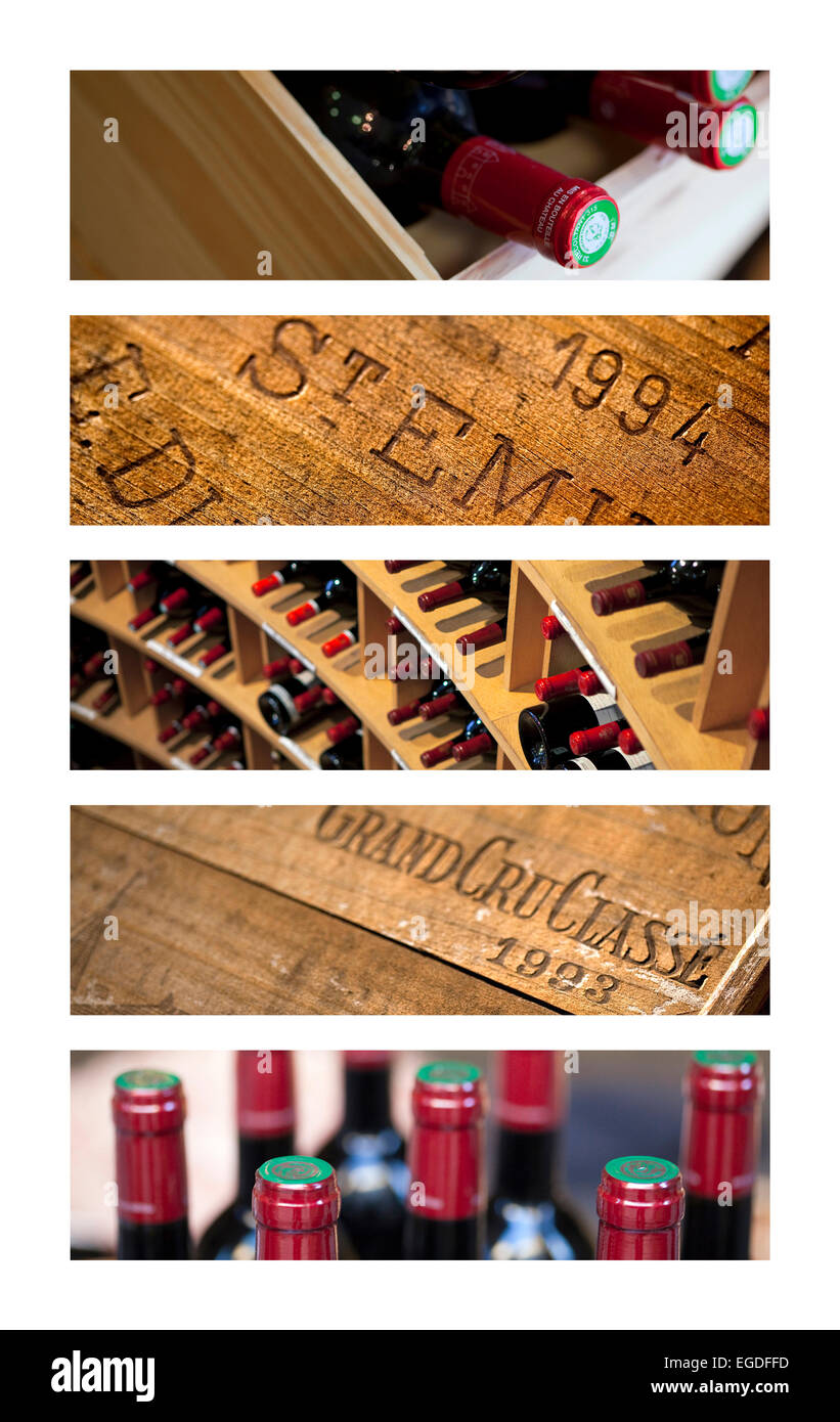 Le bottiglie e i box di legno su un collage di cantina Foto Stock