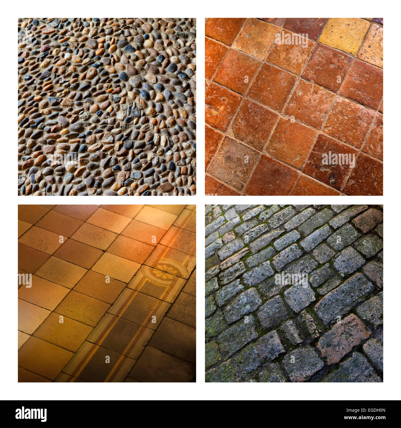 Piastrelle, ciottoli e pavimentazione su un collage Foto Stock