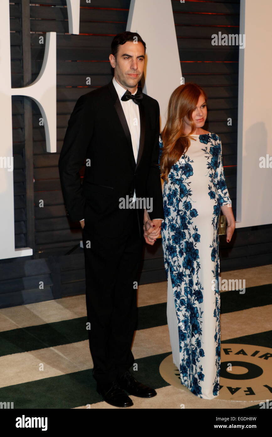 Attori sacha baron cohen e Isla Fisher frequentare il Vanity Fair Oscar Party a Wallis Annenberg Center for the Performing Arts di Beverly Hills, Los Angeles, Stati Uniti d'America, il 22 febbraio 2015. Foto: Hubert Boesl - nessun filo SERVICE - Foto Stock