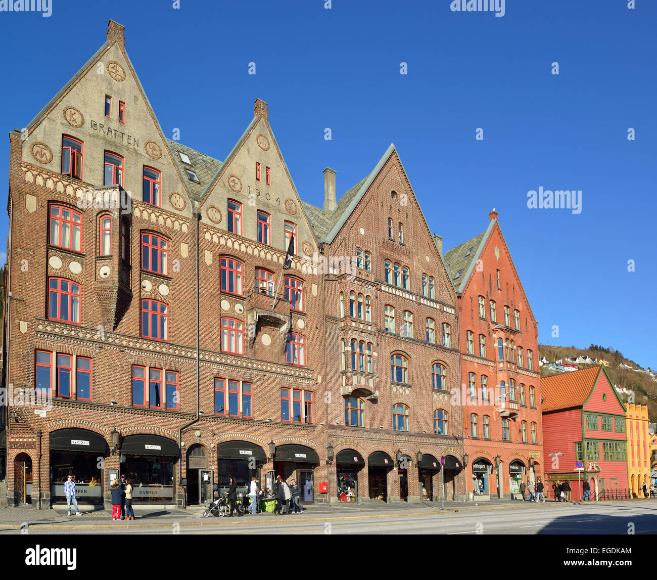 Edifici anseatica, Bryggen, Sito Patrimonio Mondiale dell'UNESCO Bryggen, Bergen Hordaland, Norvegia Foto Stock