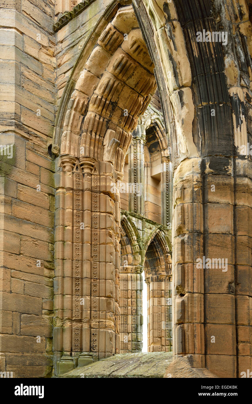 Windows nelle rovine della Cattedrale di Elgin, Elgin, murene, East Coast, Scozia, Gran Bretagna, Regno Unito Foto Stock