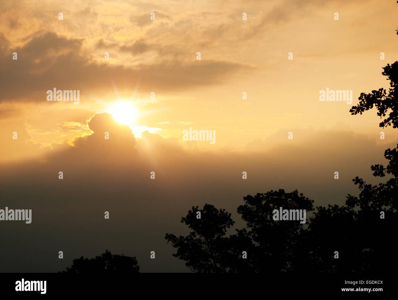 Sole di mattina attraverso nuvole di tempesta Foto Stock