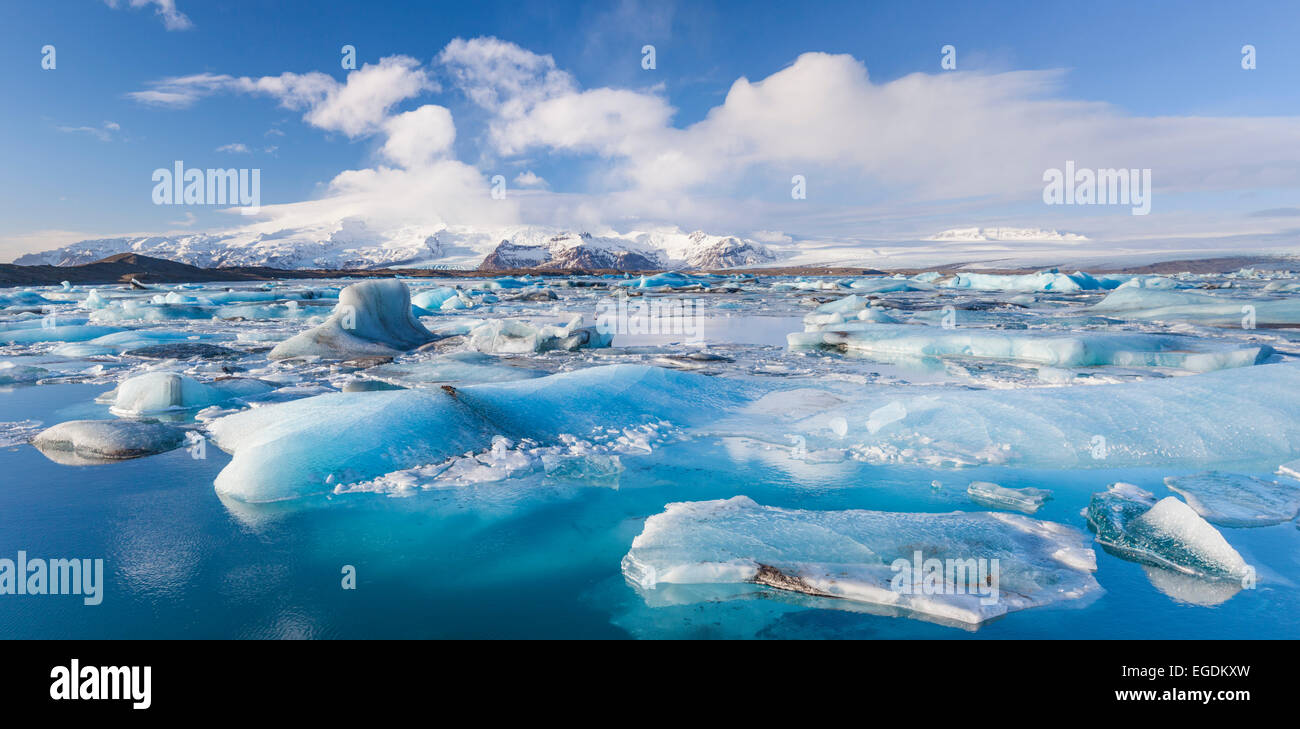 Jokulsarlon Iceberg panorama sulla Laguna Jokulsarlon Islanda Europa Foto Stock