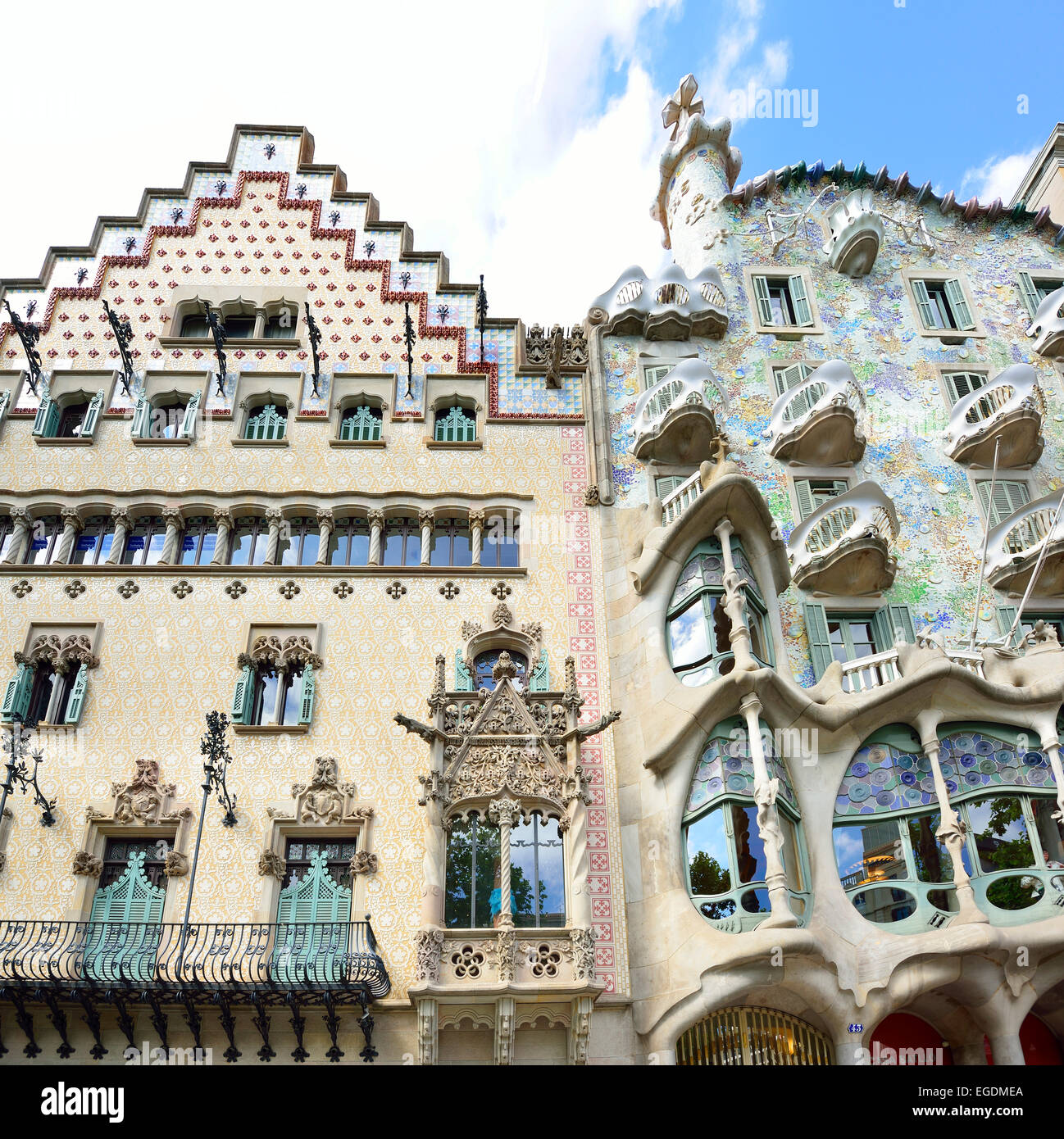 Casa Amatller e Casa Batllo, architetto Antoni Gaudi, Sito Patrimonio Mondiale dell'UNESCO, Catalano architettura modernista, Art Nouveau, Eixample di Barcellona, in Catalogna, Spagna Foto Stock