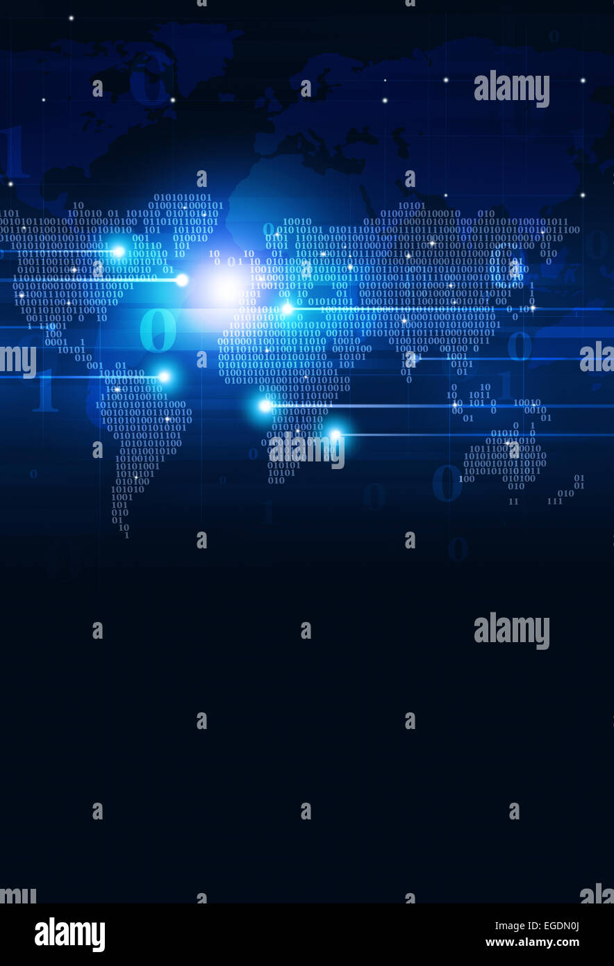 Tecnologia astratta codice binario mappa del mondo su sfondo blu Foto Stock