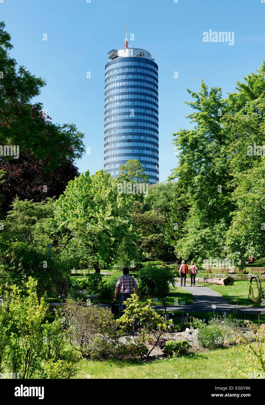 Giardino Botanico con Jentower in background, Jena, Turingia, Germania Foto Stock