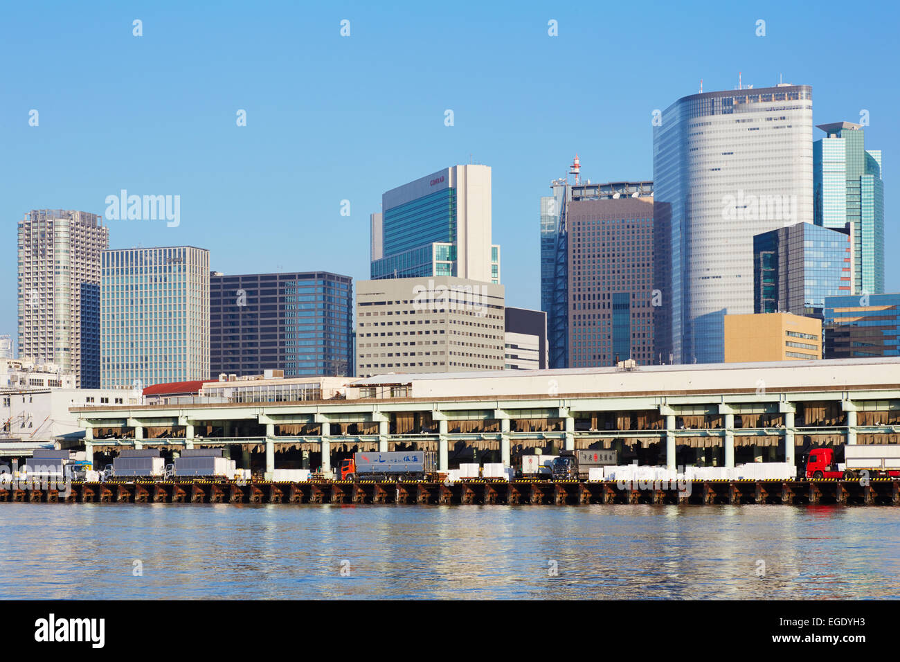 Vista sul Fiume Sumida di Tsukjii mercato del pesce, Tokyo, Giappone Foto Stock