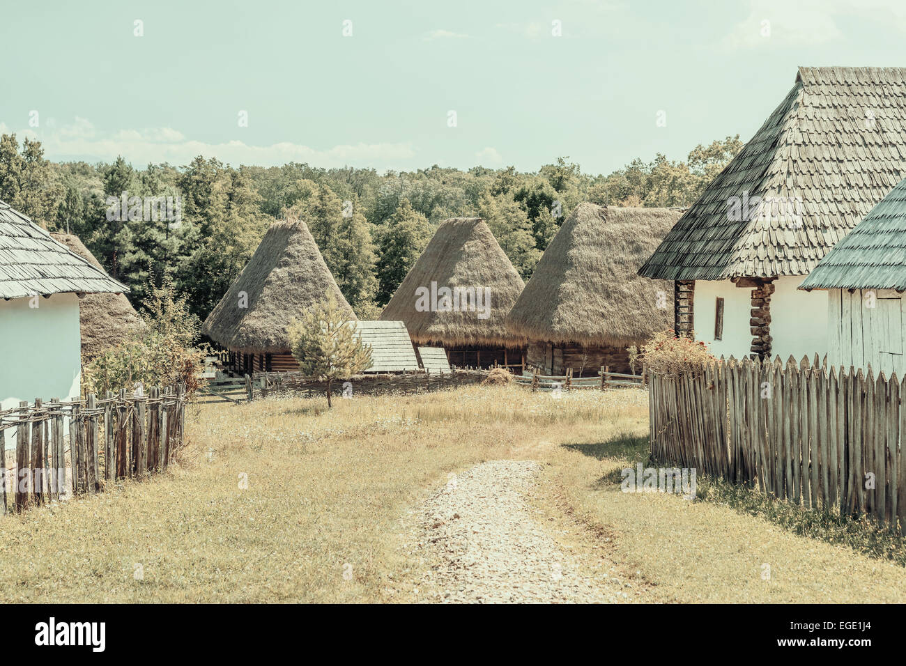 Effetto vintage del villaggio rumeno nei Carpazi Foto Stock