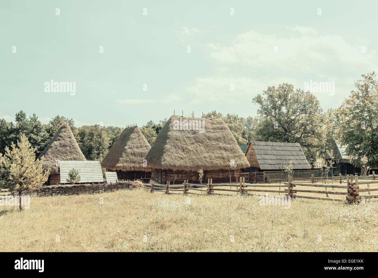 Effetto vintage del villaggio rumeno nei Carpazi Foto Stock