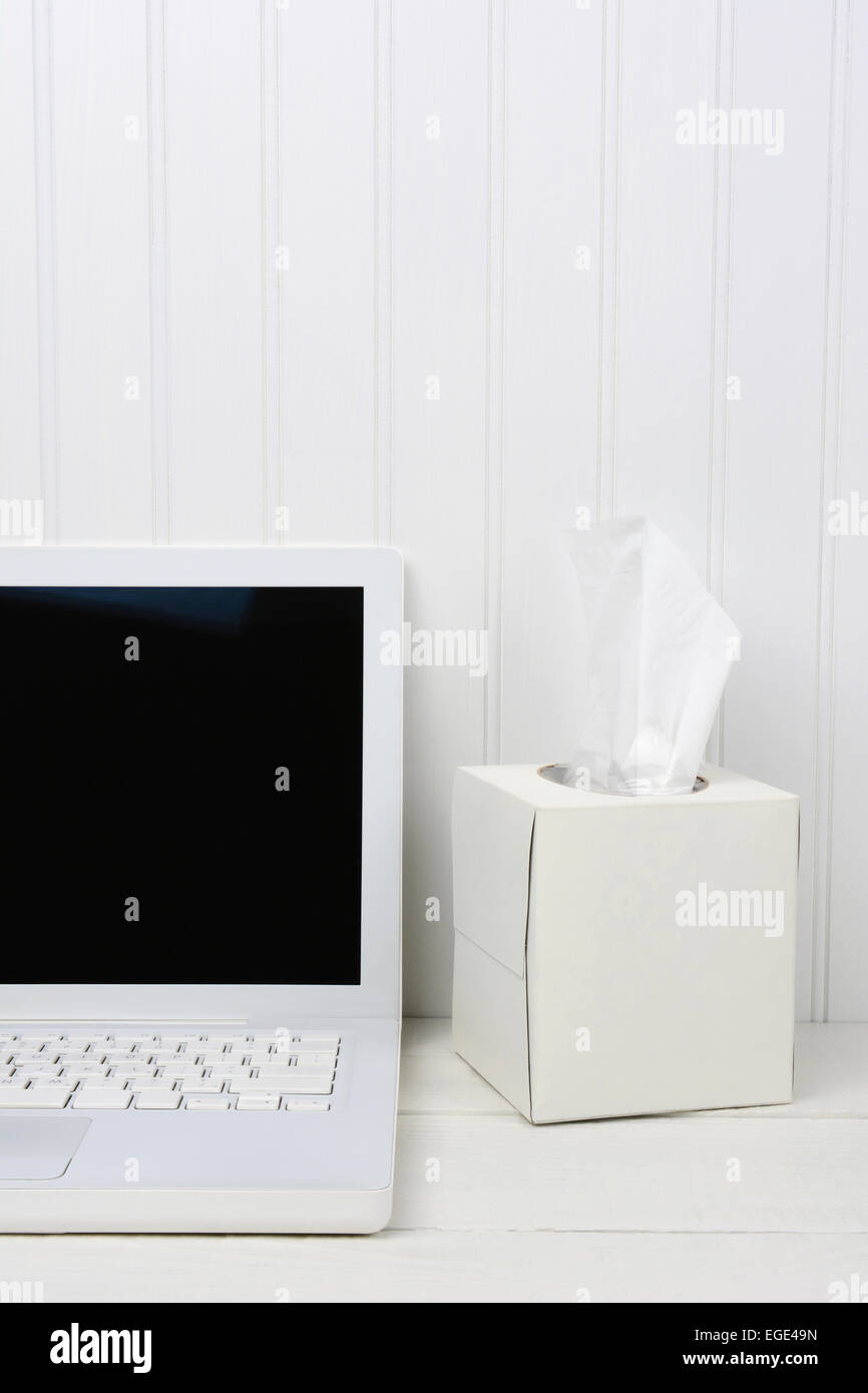 Primo piano di un bianco scrivania di legno con un laptop di bianco e una casella bianca per i facciali. Formato verticale con un background beadboard. Foto Stock