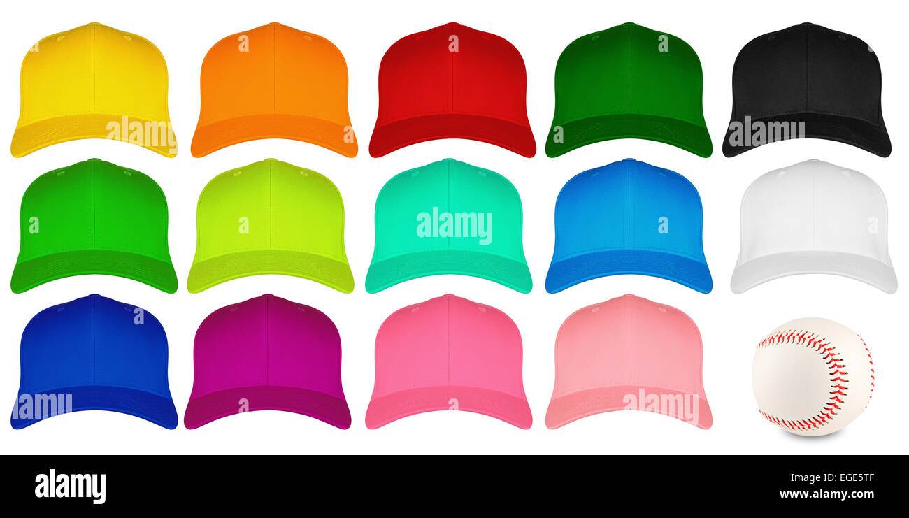 Set di coloratissimi berretti da baseball Foto Stock