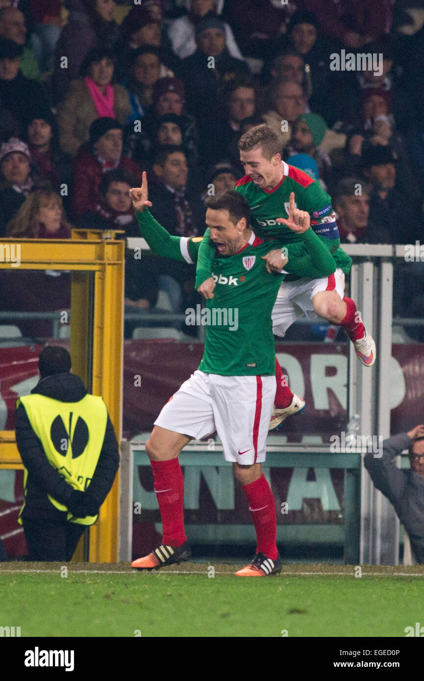 Carlos Gurpegui (Bilbao), 19 febbraio 2015 - Calcio : Carlos Gurpegui di Bilbao celebra il loro punteggio team secondo obiettivo durante la UEFA Europa League, round di 32 prima gamba match tra Torino FC 2-2 Athletic Club Bilbao presso lo Stadio Olimpico di Torino a Torino, Italia. (Foto di Maurizio Borsari/AFLO) Foto Stock