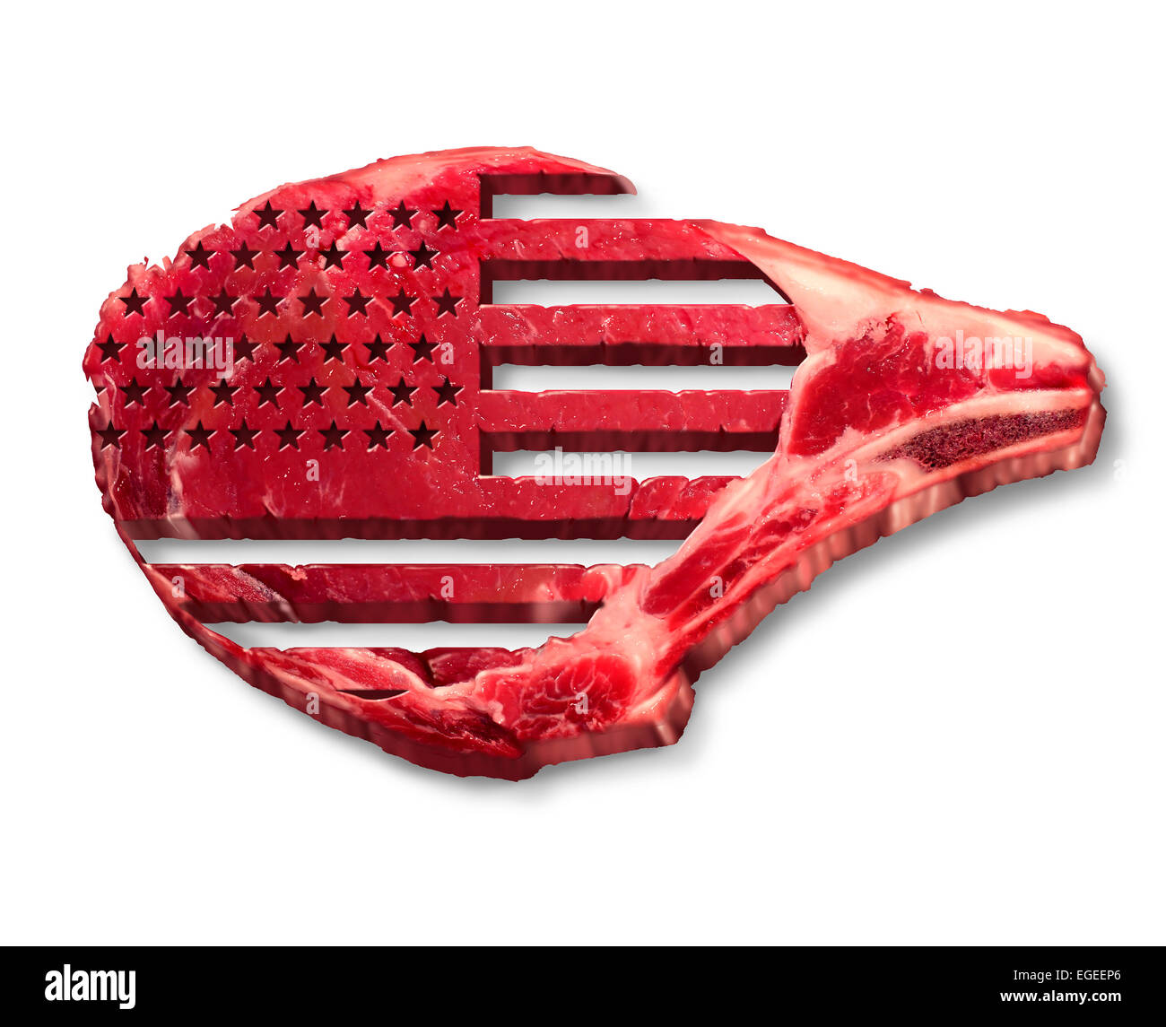 Carni bovine americane concetto di settore come i tagli di carne rossa simbolo di bistecca con la bandiera degli Stati Uniti scavata all'interno dei cibi crudi come un simbolo di agricoltura e allevamento. Foto Stock