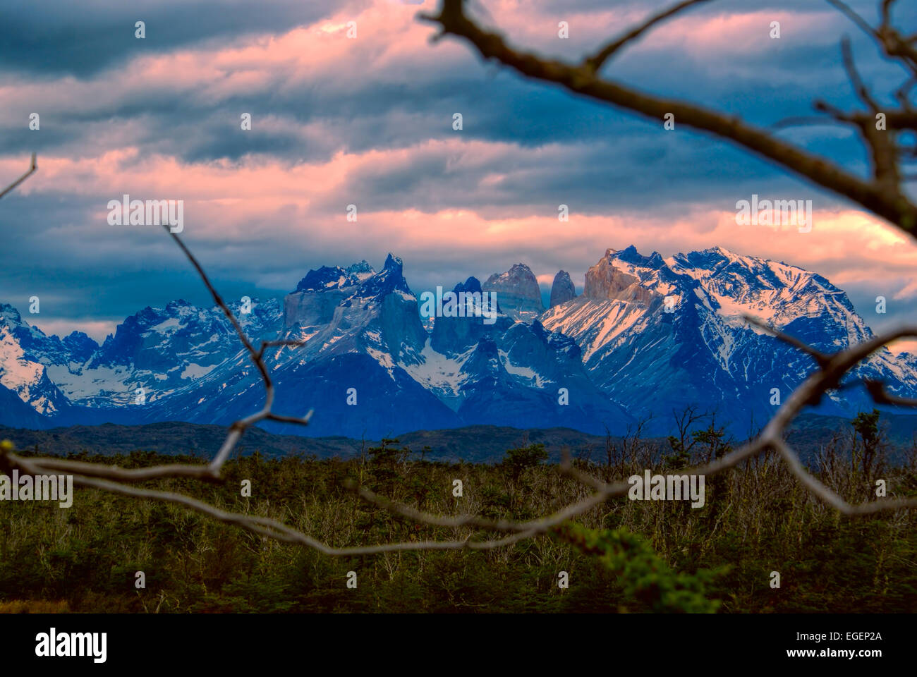 Pittoresca vista serale del Parco nazionale Torres del Paine in sud americana Andes Foto Stock