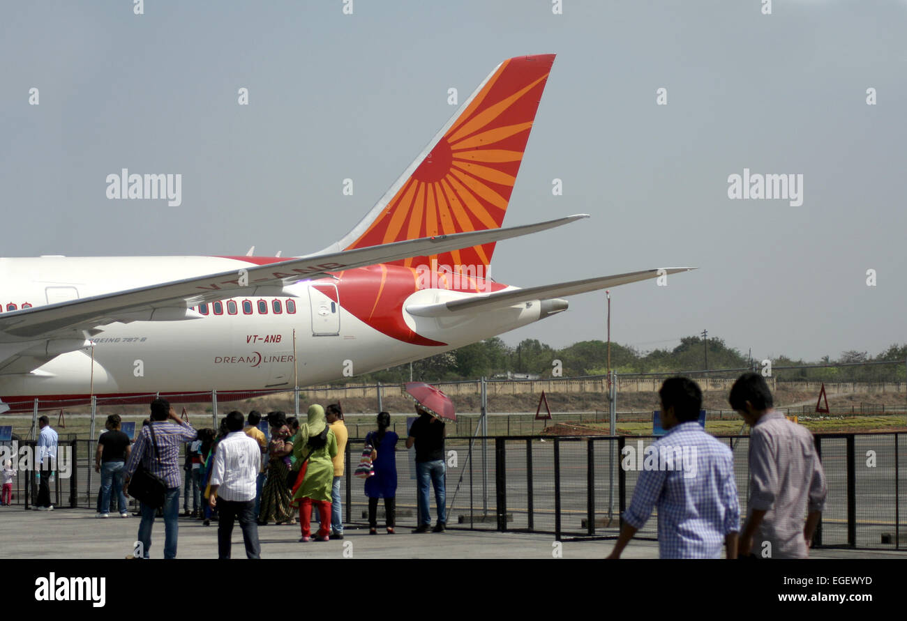 Boeing 787 Dreamliner sul display in India Aviation 2014 mostra all Aeroporto Begumpet su marzo 15,2014 in Hyderabad,AP,l'India. Foto Stock