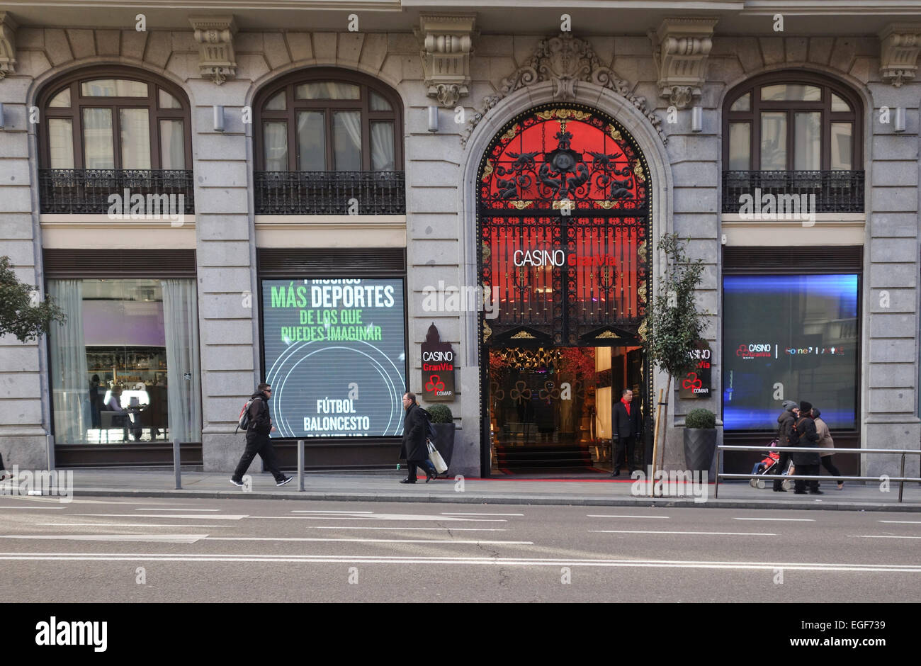 Entrata del Casinò al Palazzo de la Unión Mercantil, Gran Via, Madrid, Spagna. Foto Stock