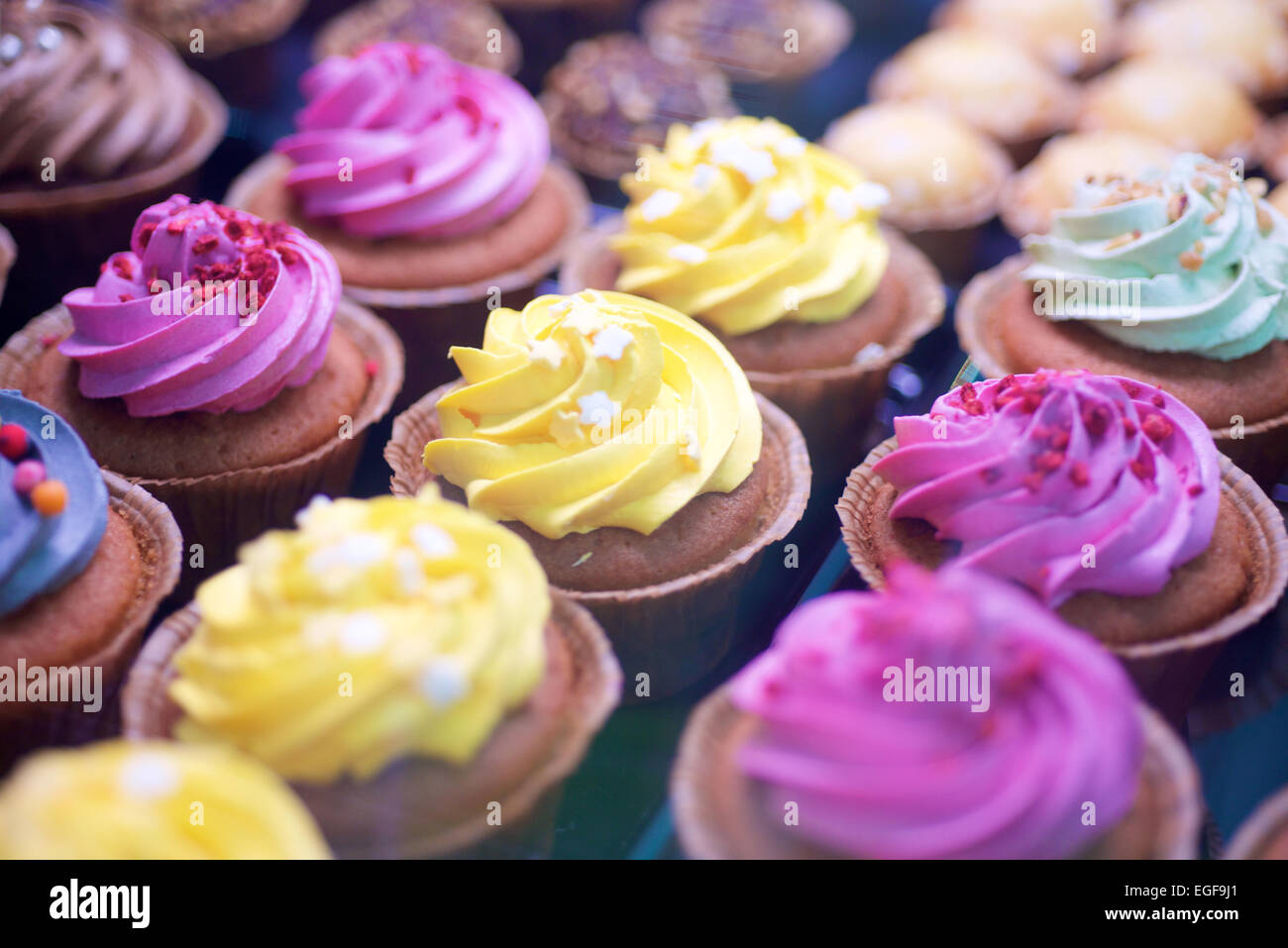 Tortini colorato nella finestra di visualizzazione in negozio Foto Stock