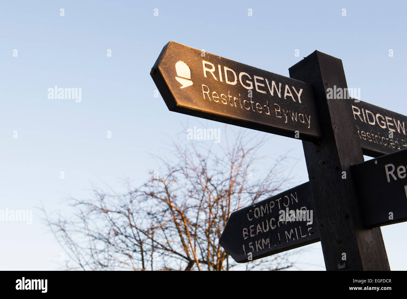 Mattina inverno la luce del sole su un Ridgeway signpost. Oxfordshire, Inghilterra Foto Stock