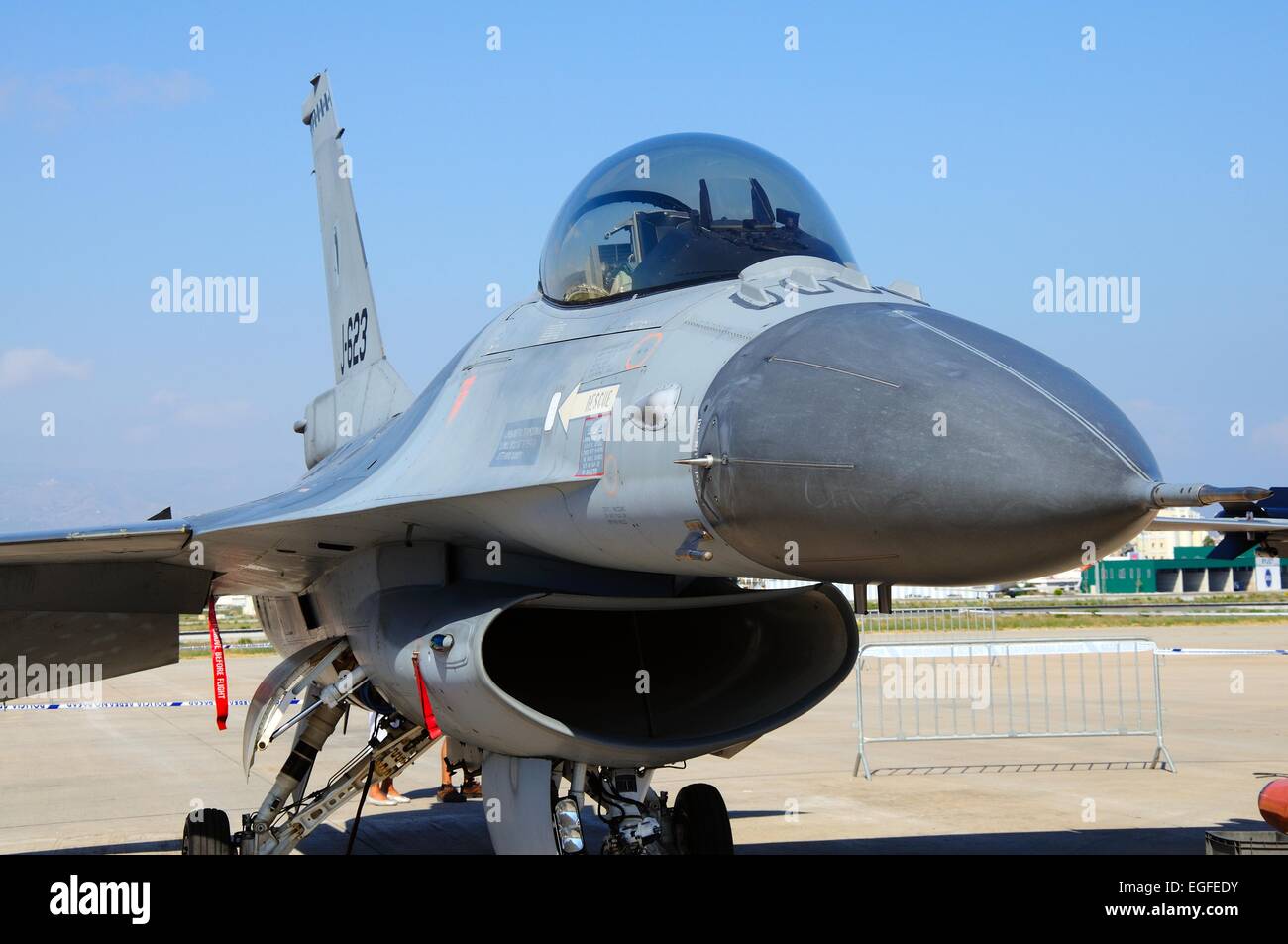 General Dynamics F-16 Fighting Falcon olandese della Air Force a seconda esibizione aerea all'aeroporto di Malaga, Malaga, Andalusia, Spagna Foto Stock