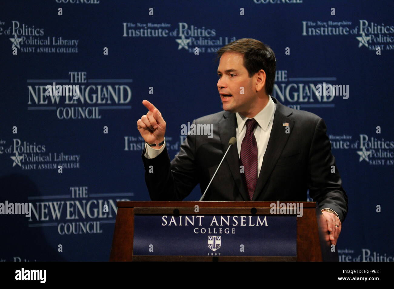 Manchester, New Hampshire, Stati Uniti d'America. Il 24 febbraio, 2015. Stati Uniti Il senatore Marco Rubio parla al NH Istituto di Politica in Manchester, NH, Stati Uniti d'America, 24 febbraio, 2015 Credit: Andrew Cline/Alamy Live News Foto Stock