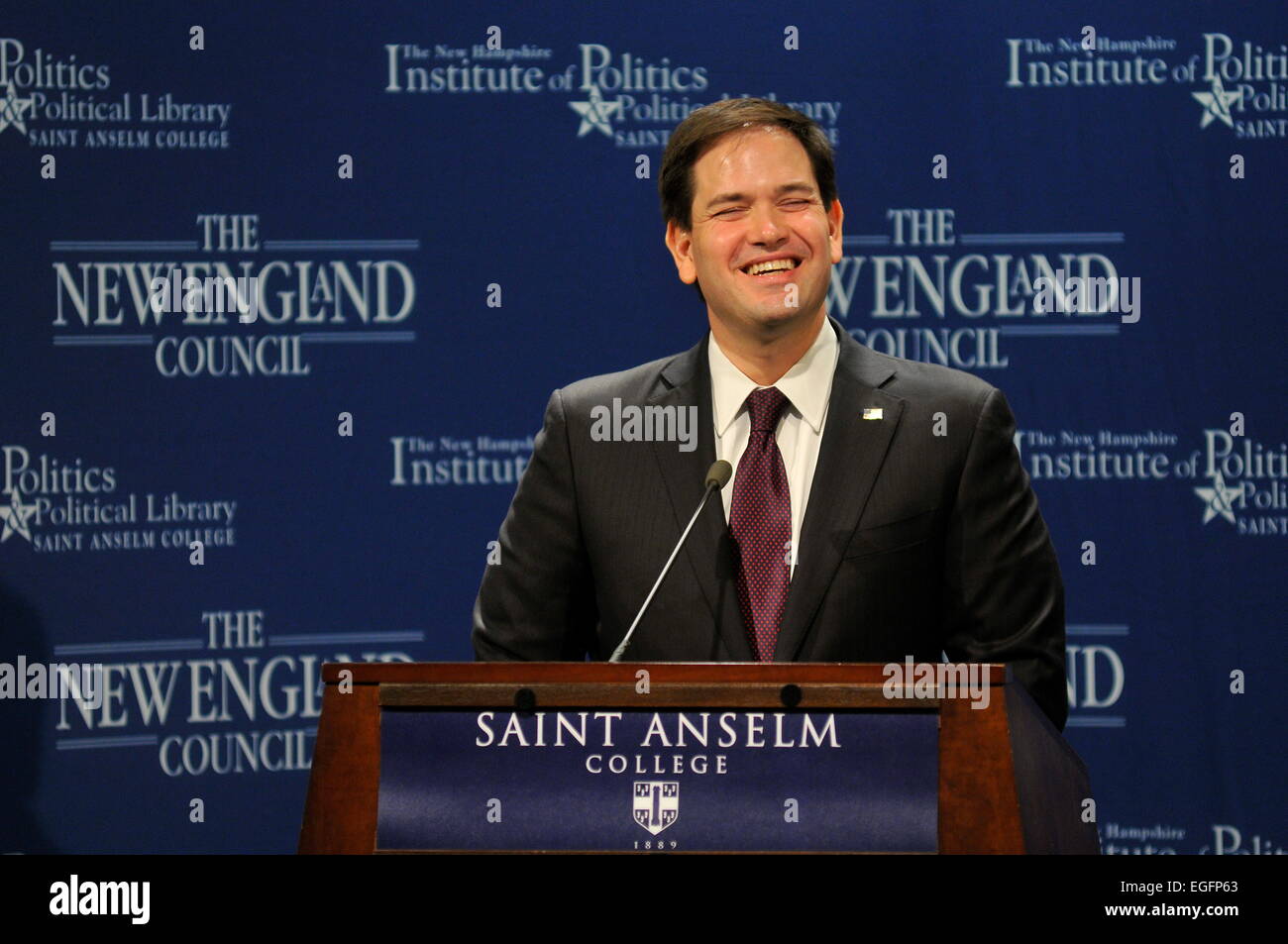 Manchester, New Hampshire, Stati Uniti d'America. Il 24 febbraio, 2015. Stati Uniti Il senatore Marco Rubio parla al NH Istituto di Politica in Manchester, New Hampshire, Stati Uniti d'America, 24 febbraio 2015 Credit: Andrew Cline/Alamy Live News Foto Stock