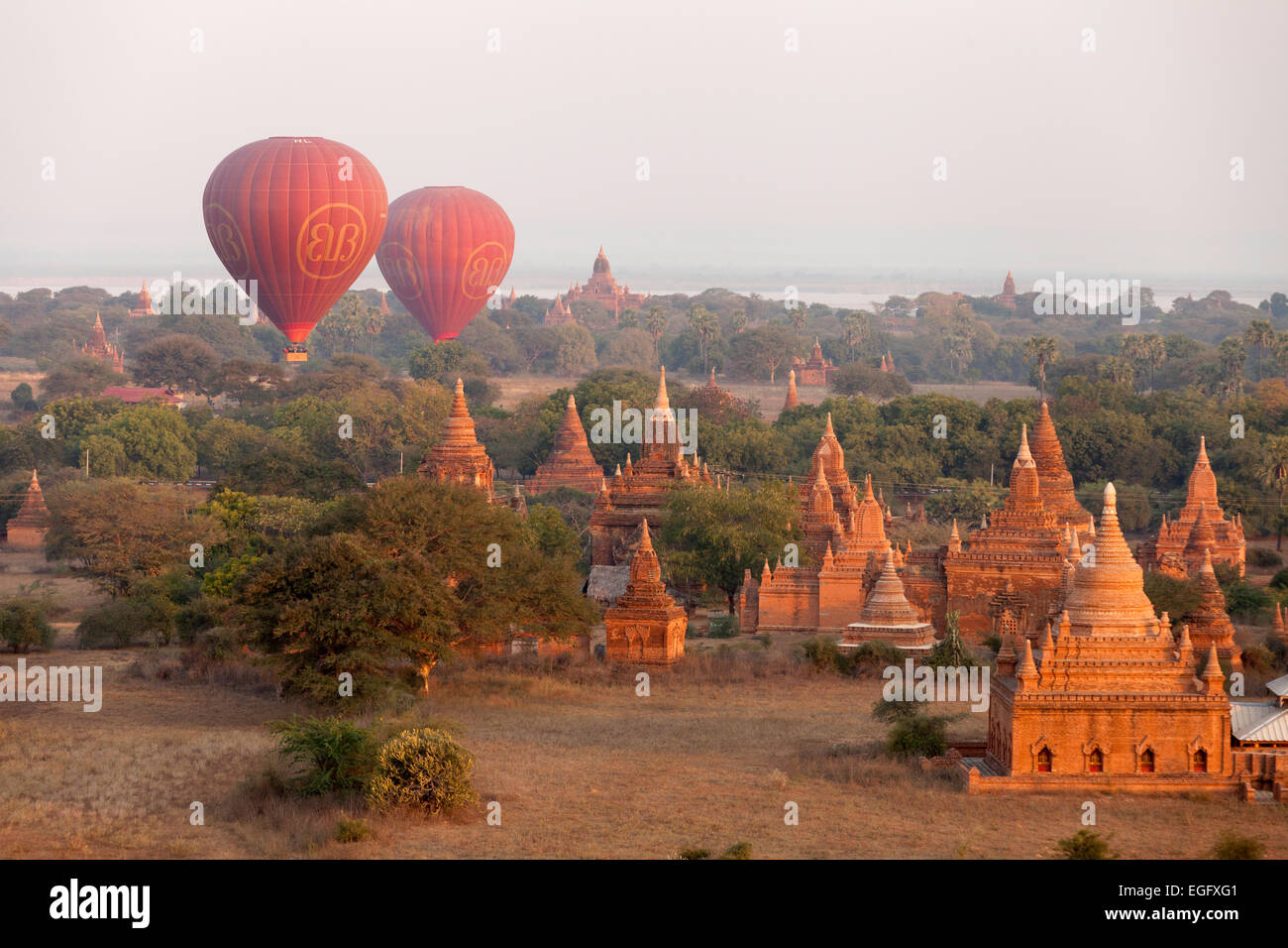 Due i palloni ad aria calda sopra i templi di sunrise, Bagan pianura, Myanmar ( Birmania ), Asia Foto Stock
