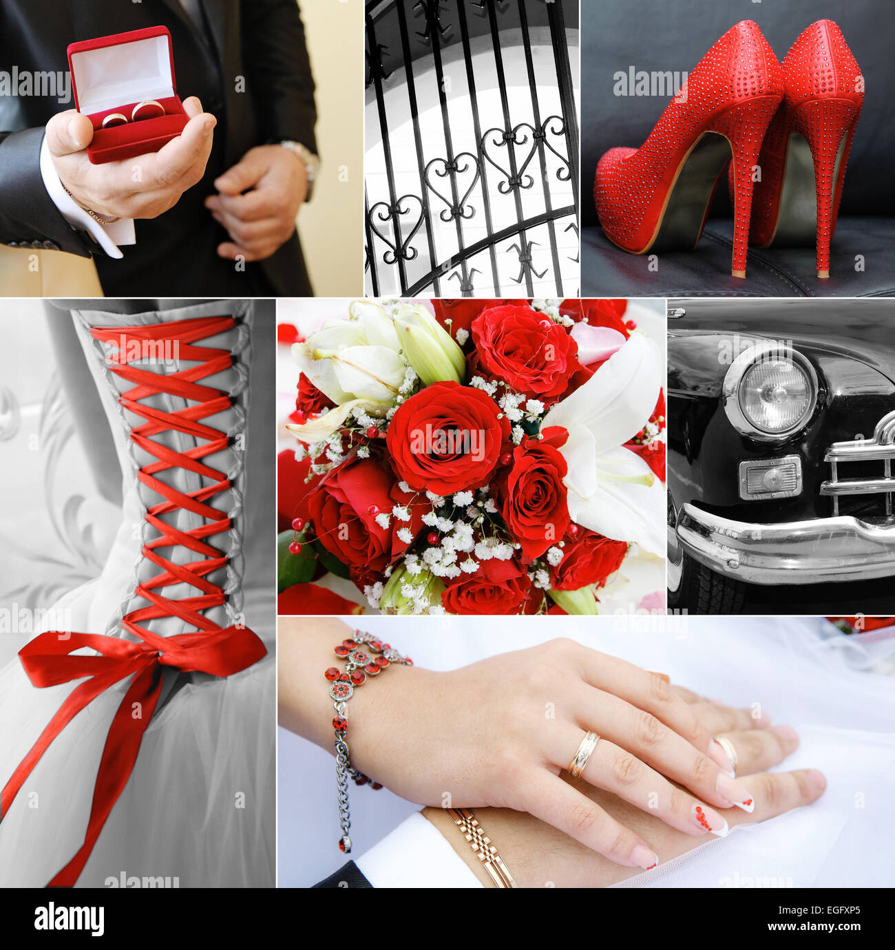 Wedding Collage in rosso tema colore Foto Stock
