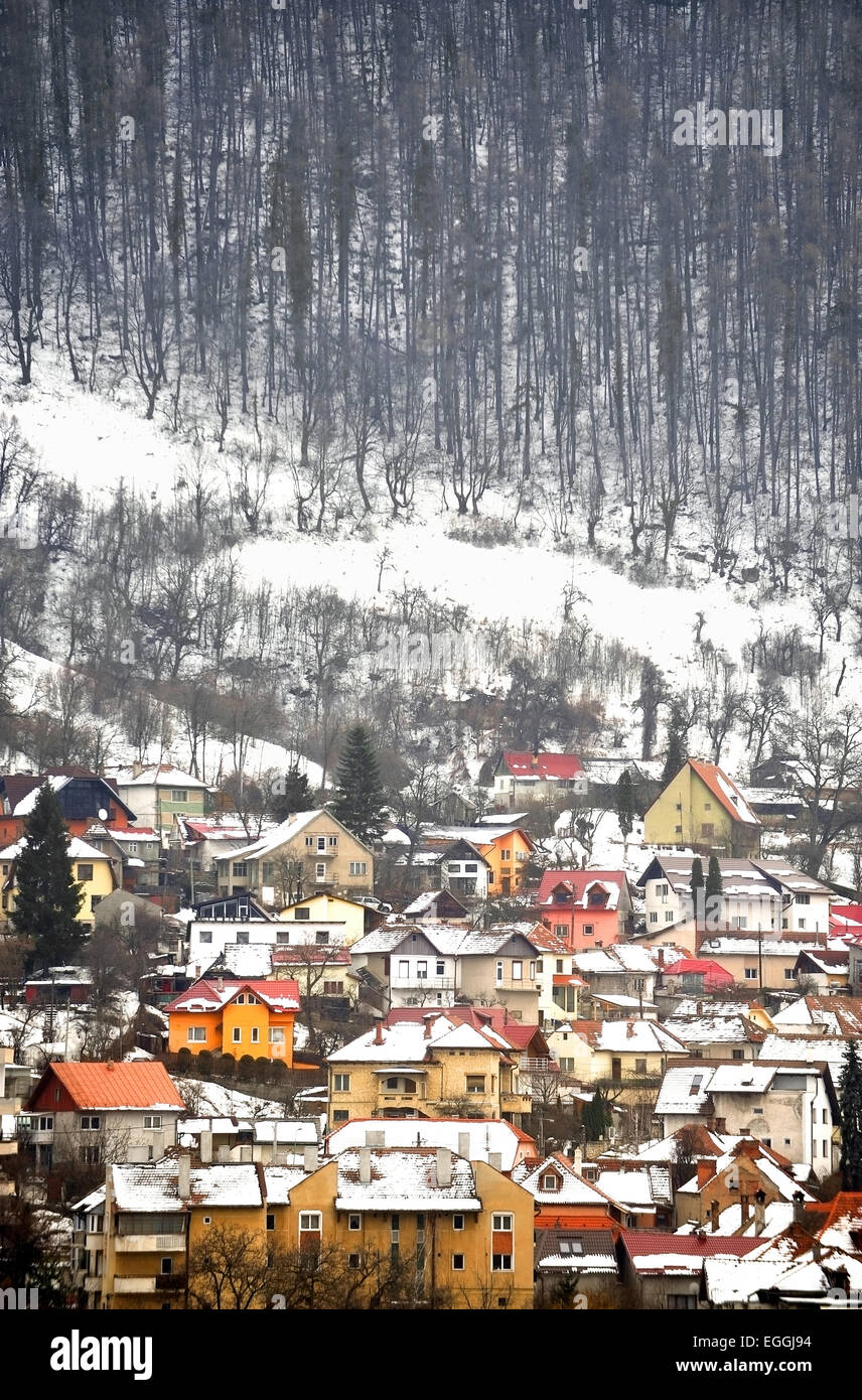 Giorno d'inverno il paesaggio urbano con vecchie case coperte di neve nei pressi di una foresta Foto Stock