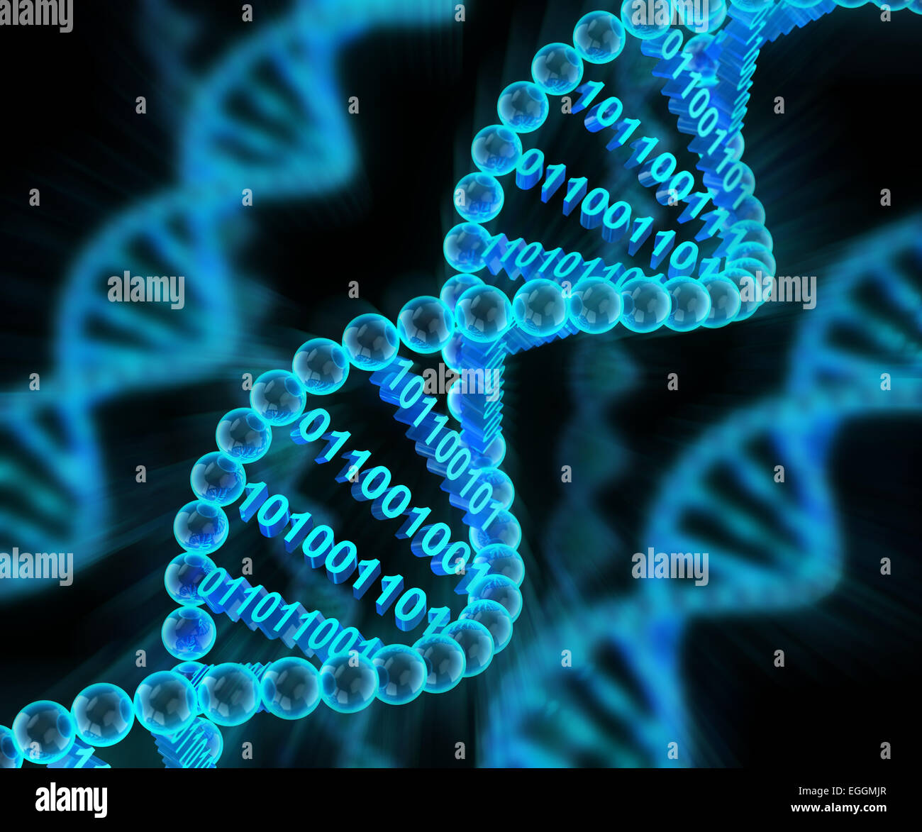 Le molecole di DNA con codice binario, 3D render Foto Stock