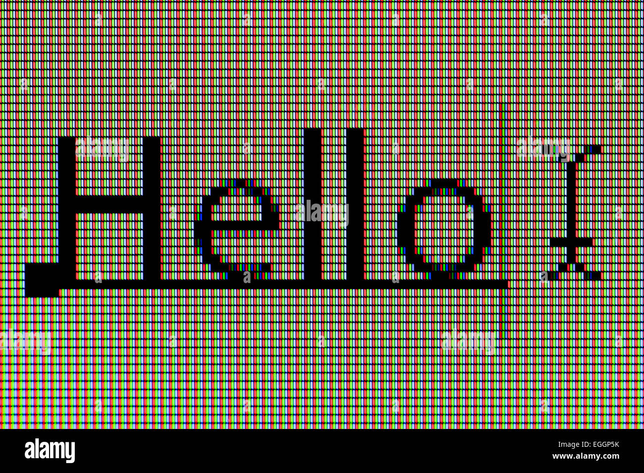 Primo piano della parola 'Hello' sul display a cristalli liquidi dello schermo del computer Foto Stock