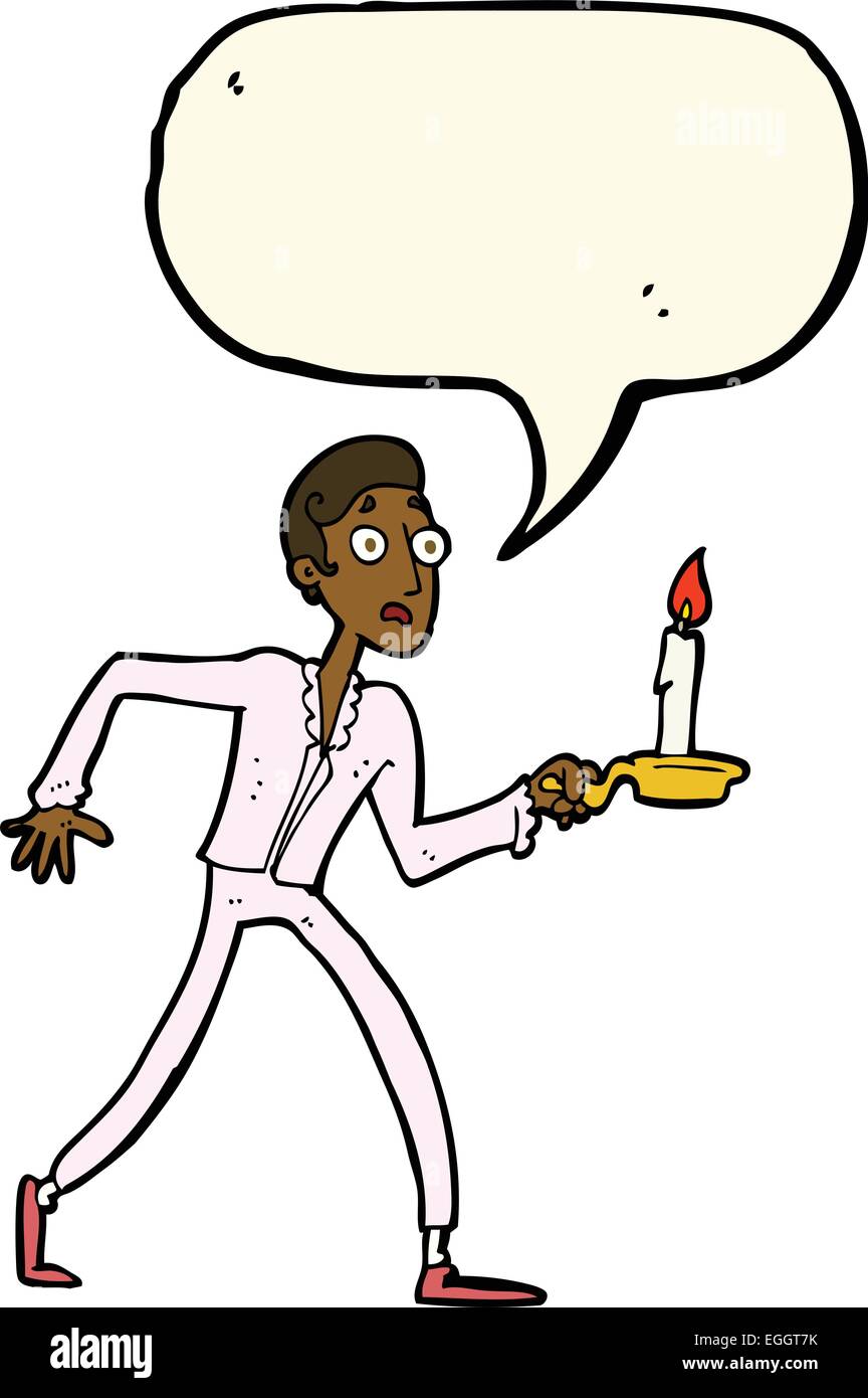 Cartoon uomo spaventato camminare con il candelabro con discorso bolla Illustrazione Vettoriale