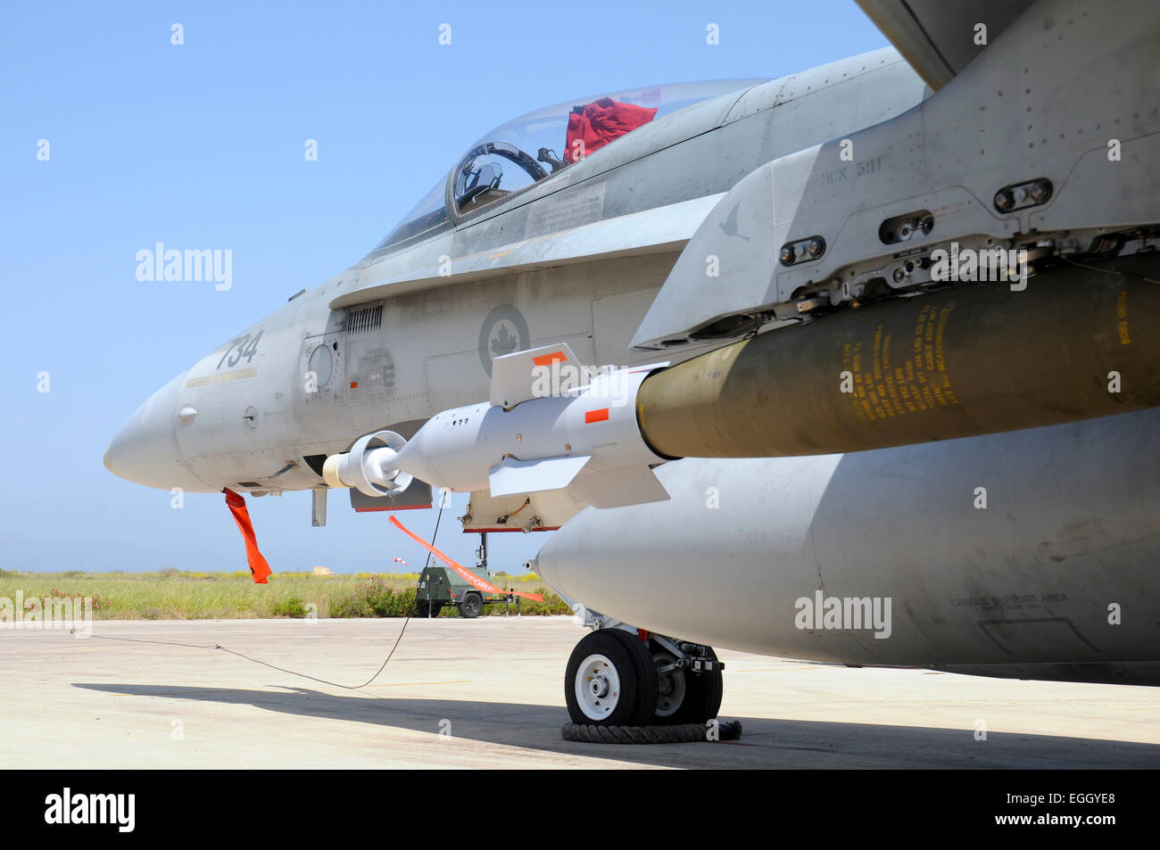 Close-up di un GBU-12 smart bomb su un canadese CF-18 Hornet a Trapani Airbase, Sicilia, durante l'operazione Unified Protector. Foto Stock